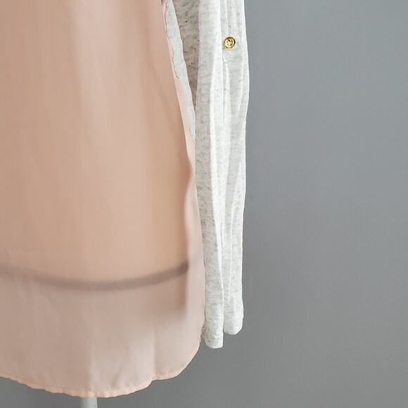 Hearts Gray Pink Sheer Panel High Low Long Sleeve Top L - Picture 5 of 8